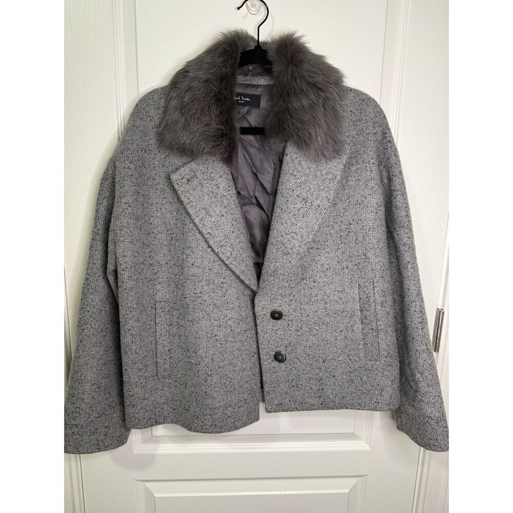 Paul Smith Women's Gray Wool Blend Coat Size 44 Black Label Removable Fur Collar